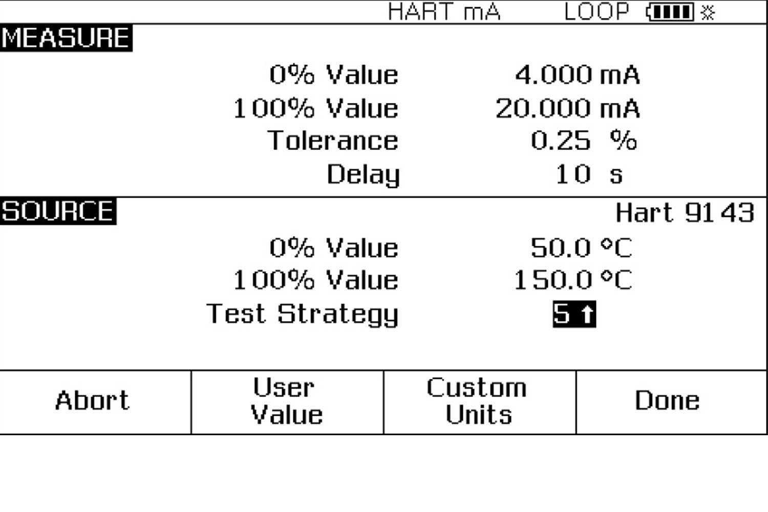 Documenting Process Calibrator Screen Showing Parameters for Automating a 4-20 mA test