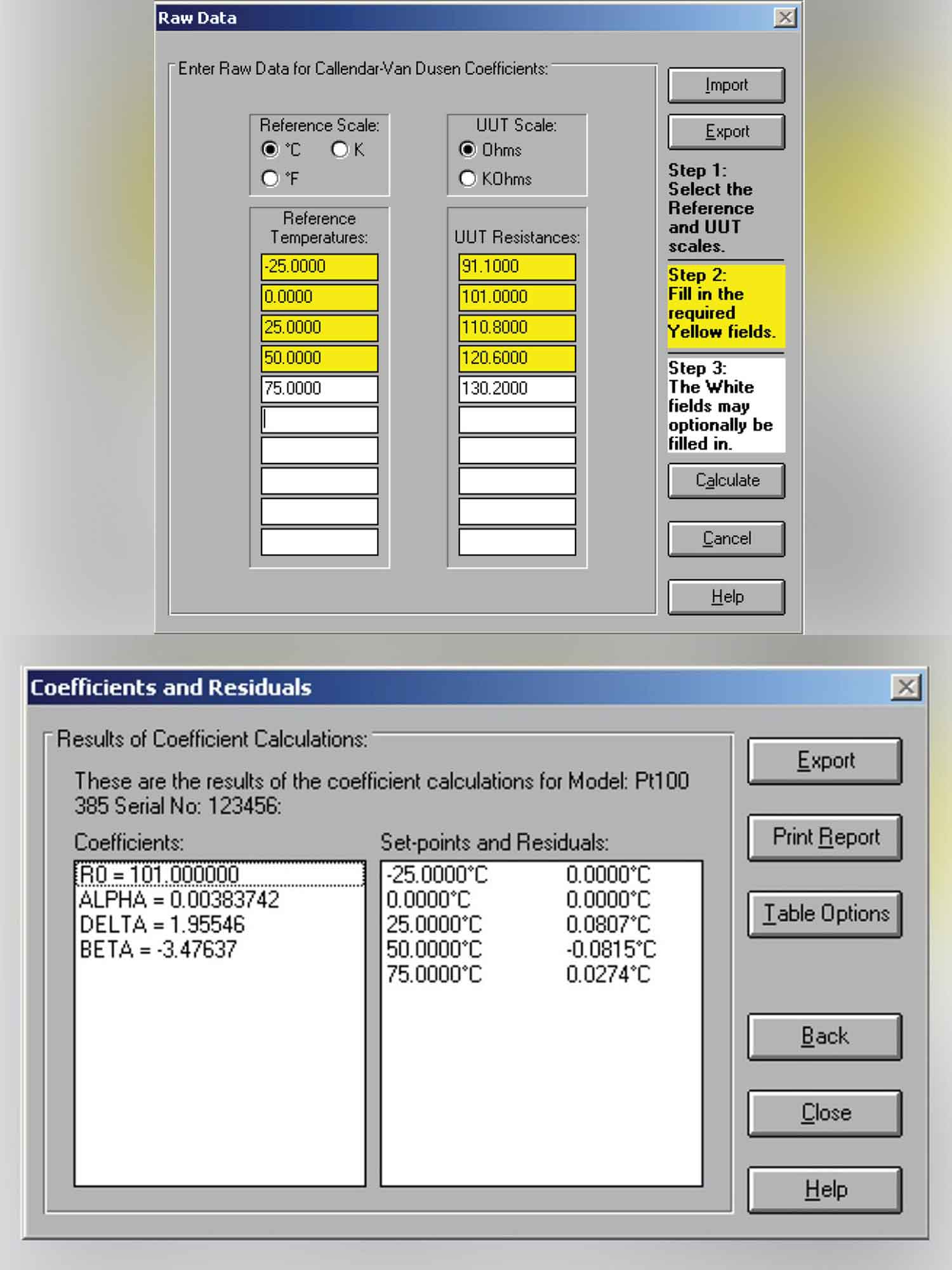 Values Input into TableWare Calibration Software
